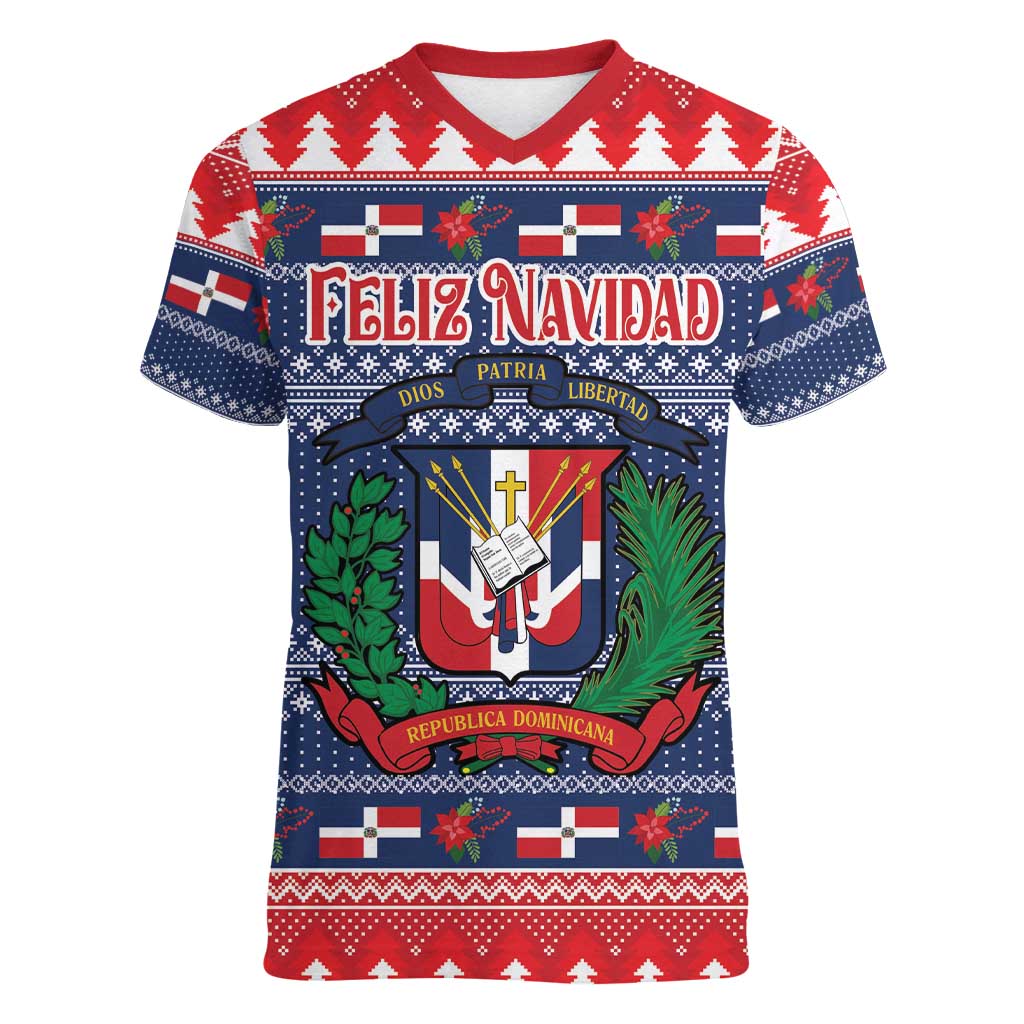 Personalized Dominican Republic Christmas Women V-Neck T-Shirt Dominicana Coat Of Arms Christmas Pattern - Wonder Print Shop