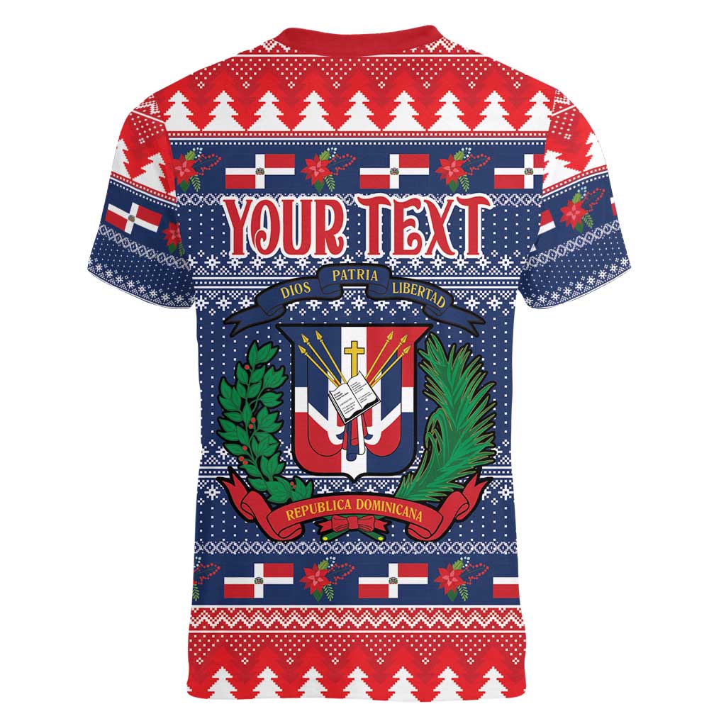 Personalized Dominican Republic Christmas Women V-Neck T-Shirt Dominicana Coat Of Arms Christmas Pattern - Wonder Print Shop