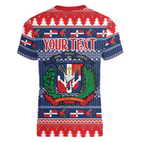 Personalized Dominican Republic Christmas Women V-Neck T-Shirt Dominicana Coat Of Arms Christmas Pattern - Wonder Print Shop