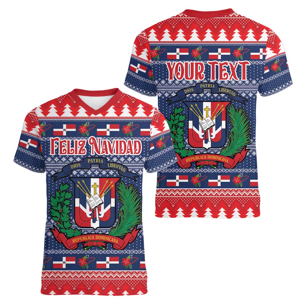 Personalized Dominican Republic Christmas Women V-Neck T-Shirt Dominicana Coat Of Arms Christmas Pattern - Wonder Print Shop
