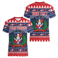 Personalized Dominican Republic Christmas Women V-Neck T-Shirt Dominicana Coat Of Arms Christmas Pattern - Wonder Print Shop