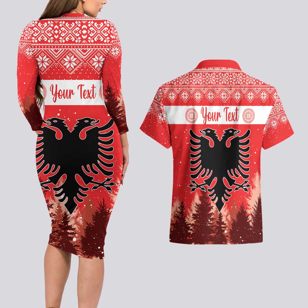 Personalized Albania Christmas Couples Matching Long Sleeve Bodycon Dress and Hawaiian Shirt The Double-headed Eagle Christmas Pattern - Wonder Print Shop