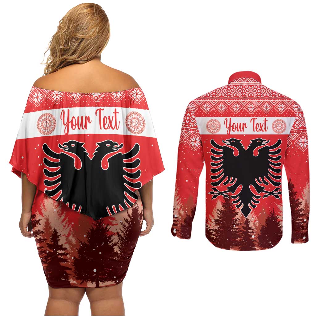 Personalized Albania Christmas Couples Matching Off Shoulder Short Dress and Long Sleeve Button Shirt The Double-headed Eagle Christmas Pattern - Wonder Print Shop