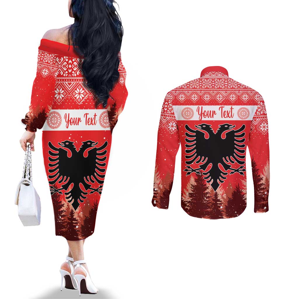 Personalized Albania Christmas Couples Matching Off The Shoulder Long Sleeve Dress and Long Sleeve Button Shirt The Double-headed Eagle Christmas Pattern