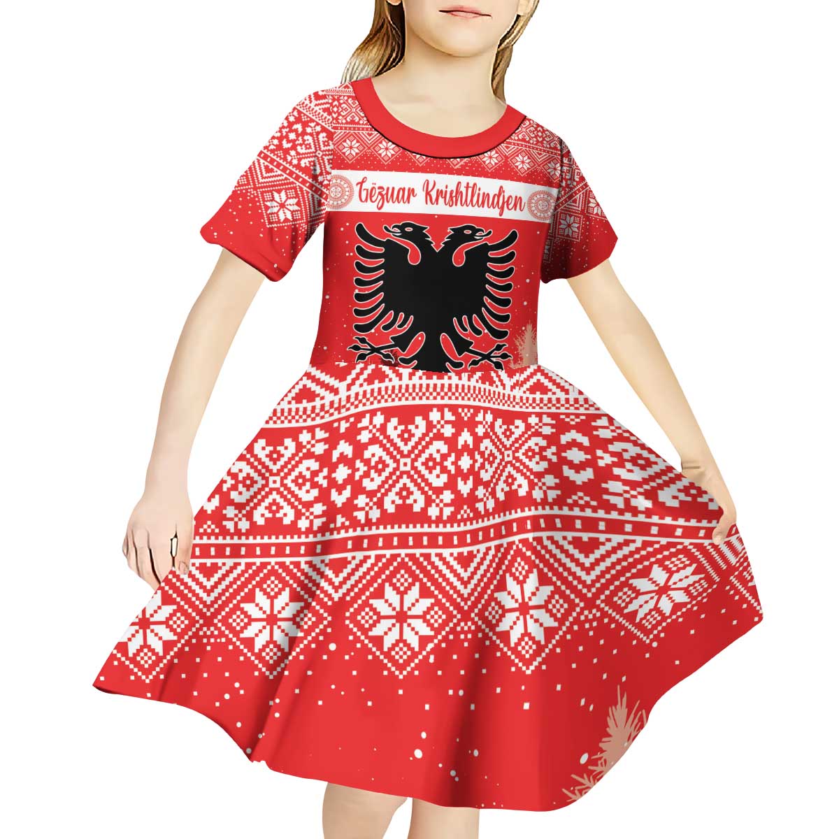 Personalized Albania Christmas Kid Short Sleeve Dress The Double-headed Eagle Christmas Pattern - Wonder Print Shop