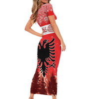 Personalized Albania Christmas Short Sleeve Bodycon Dress The Double-headed Eagle Christmas Pattern - Wonder Print Shop