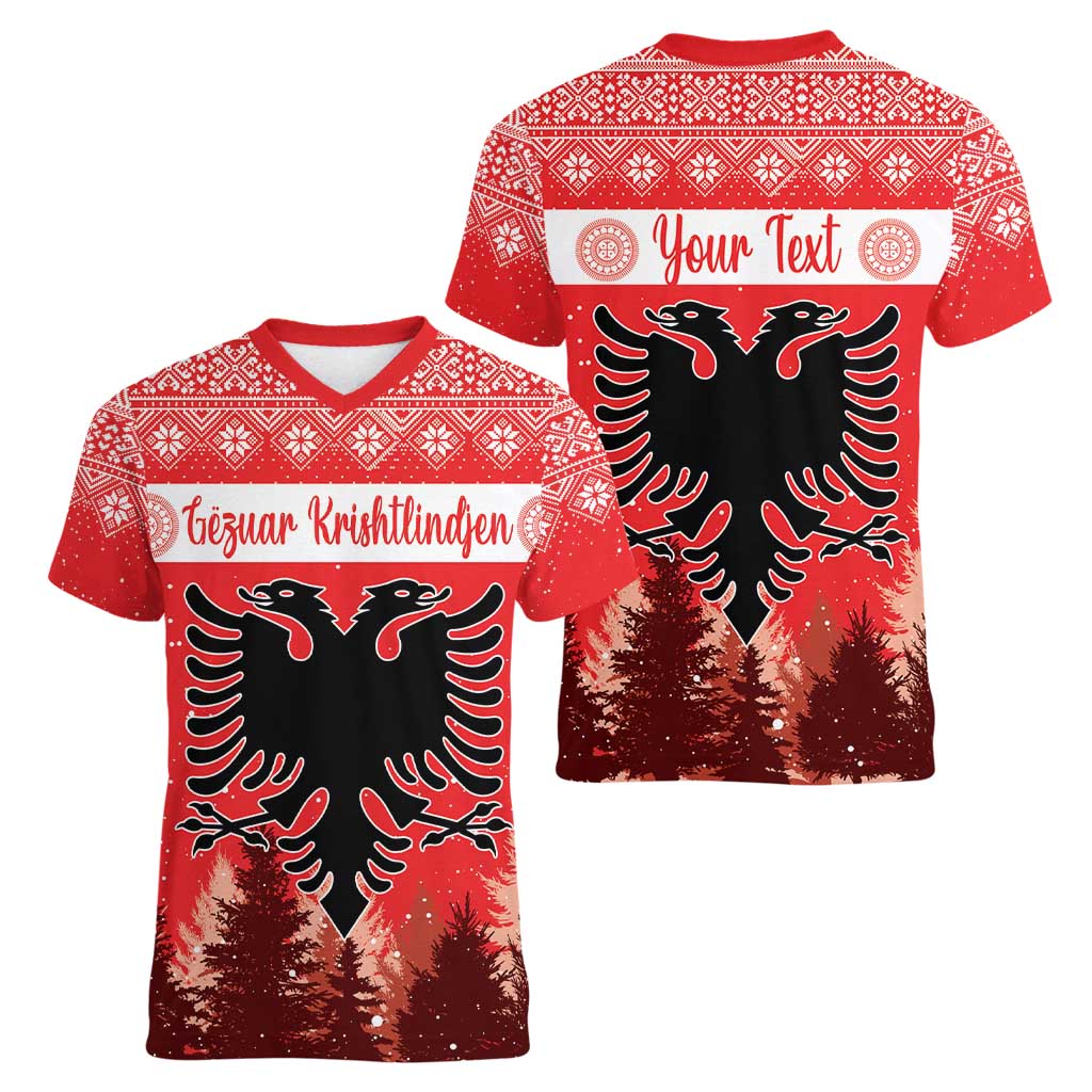 Personalized Albania Christmas Women V-Neck T-Shirt The Double-headed Eagle Christmas Pattern - Wonder Print Shop