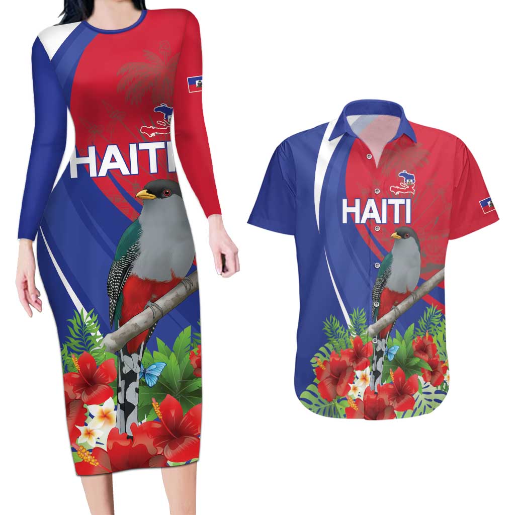 Personalized Hispaniolan Trogon Haiti Couples Matching Long Sleeve Bodycon Dress and Hawaiian Shirt Sporty Style - Wonder Print Shop