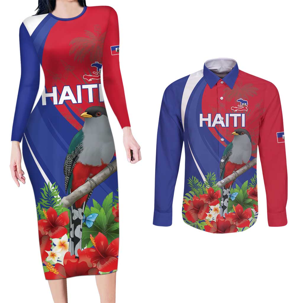 Personalized Hispaniolan Trogon Haiti Couples Matching Long Sleeve Bodycon Dress and Long Sleeve Button Shirt Sporty Style - Wonder Print Shop