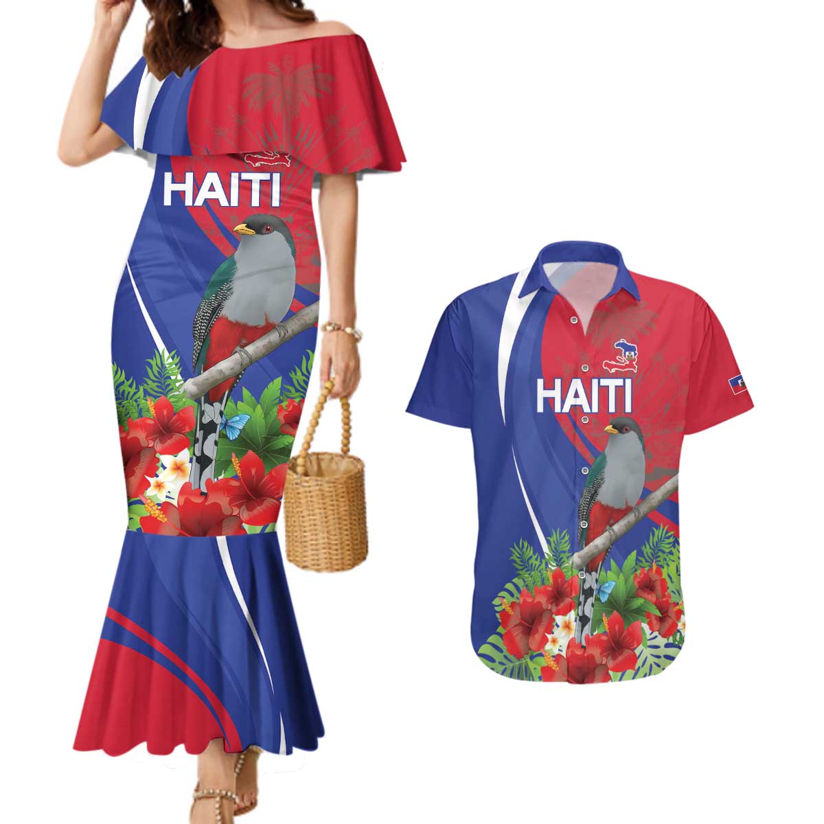Personalized Hispaniolan Trogon Haiti Couples Matching Mermaid Dress and Hawaiian Shirt Sporty Style - Wonder Print Shop
