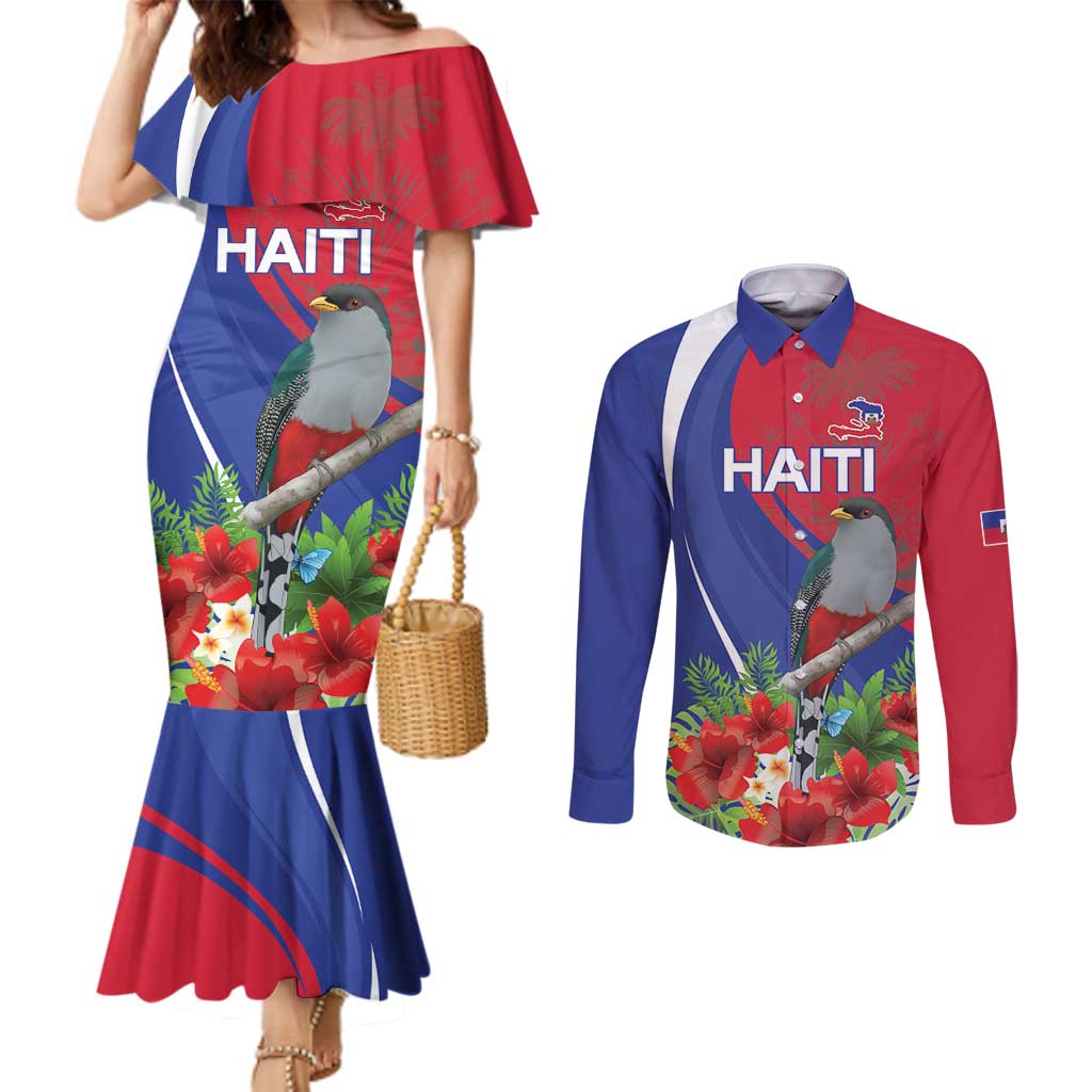 Personalized Hispaniolan Trogon Haiti Couples Matching Mermaid Dress and Long Sleeve Button Shirt Sporty Style - Wonder Print Shop
