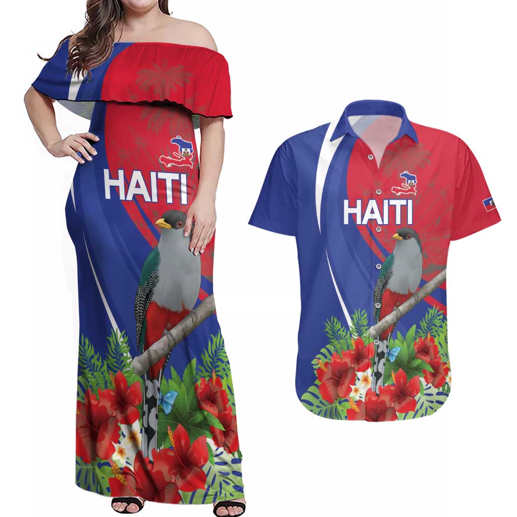 Personalized Hispaniolan Trogon Haiti Couples Matching Off Shoulder Maxi Dress and Hawaiian Shirt Sporty Style - Wonder Print Shop