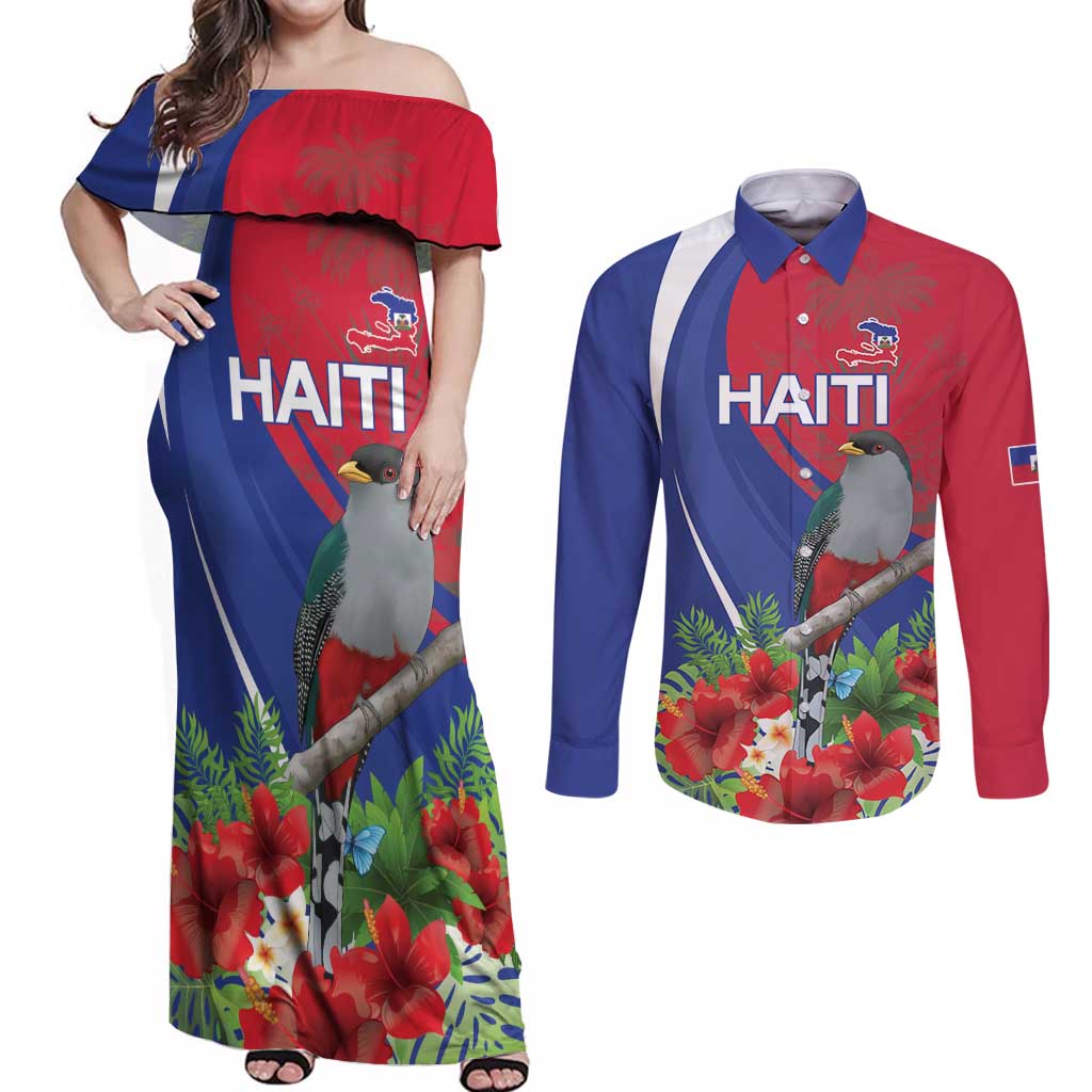 Personalized Hispaniolan Trogon Haiti Couples Matching Off Shoulder Maxi Dress and Long Sleeve Button Shirt Sporty Style - Wonder Print Shop