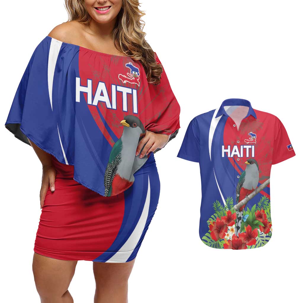 Personalized Hispaniolan Trogon Haiti Couples Matching Off Shoulder Short Dress and Hawaiian Shirt Sporty Style - Wonder Print Shop