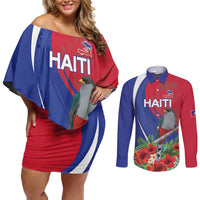 Personalized Hispaniolan Trogon Haiti Couples Matching Off Shoulder Short Dress and Long Sleeve Button Shirt Sporty Style - Wonder Print Shop