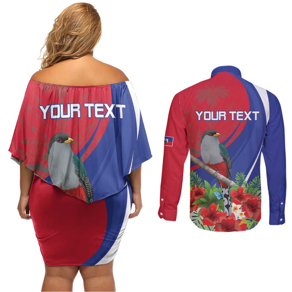 Personalized Hispaniolan Trogon Haiti Couples Matching Off Shoulder Short Dress and Long Sleeve Button Shirt Sporty Style - Wonder Print Shop