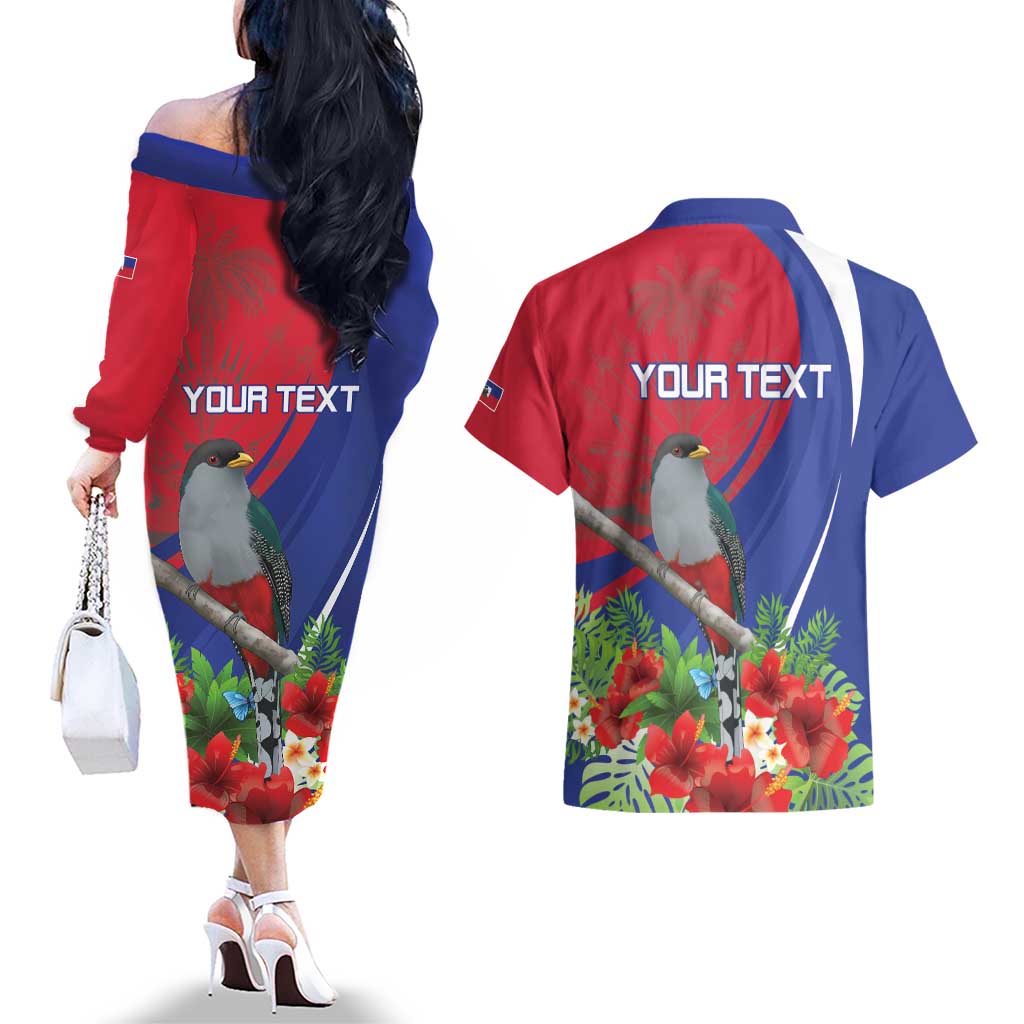 Personalized Hispaniolan Trogon Haiti Couples Matching Off The Shoulder Long Sleeve Dress and Hawaiian Shirt Sporty Style - Wonder Print Shop