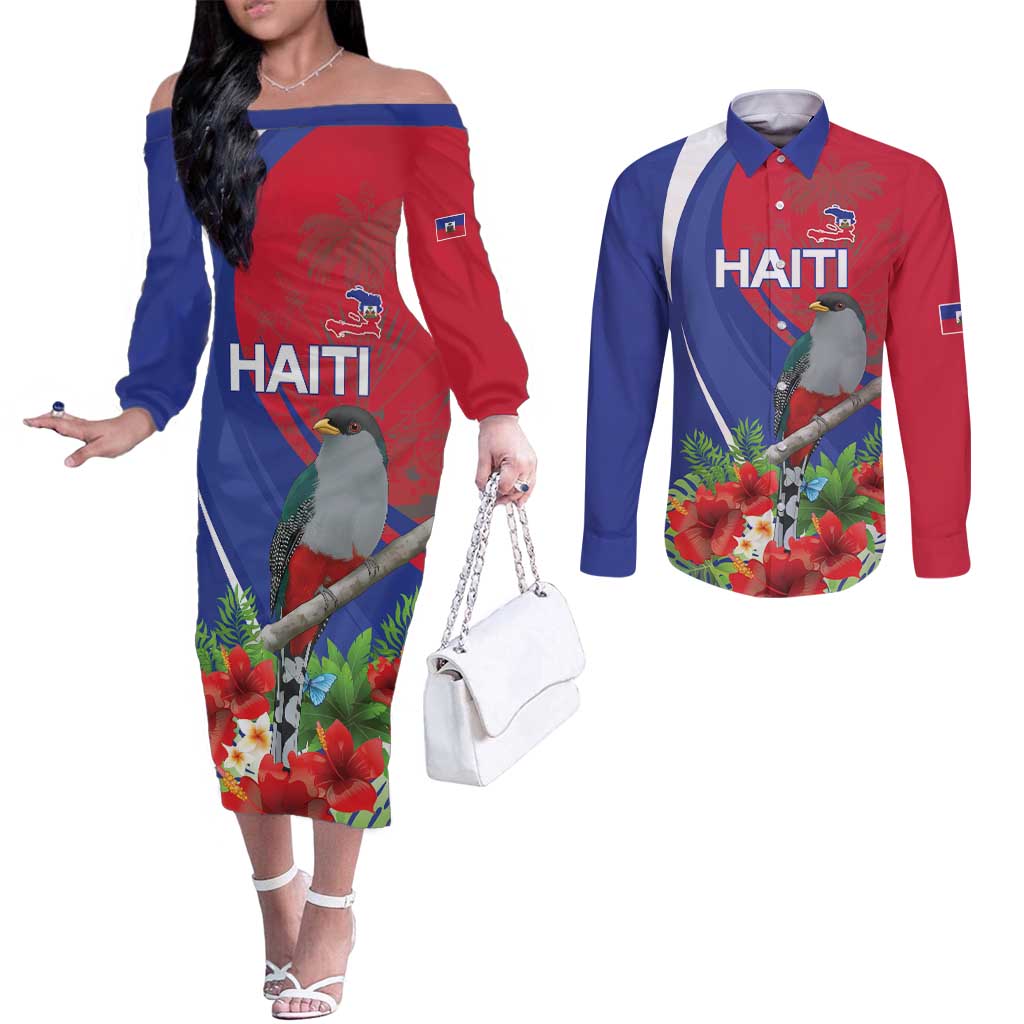 Personalized Hispaniolan Trogon Haiti Couples Matching Off The Shoulder Long Sleeve Dress and Long Sleeve Button Shirt Sporty Style - Wonder Print Shop