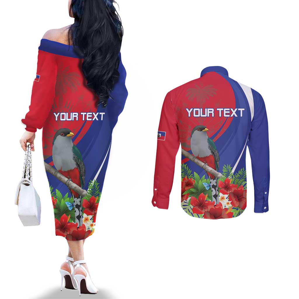 Personalized Hispaniolan Trogon Haiti Couples Matching Off The Shoulder Long Sleeve Dress and Long Sleeve Button Shirt Sporty Style - Wonder Print Shop