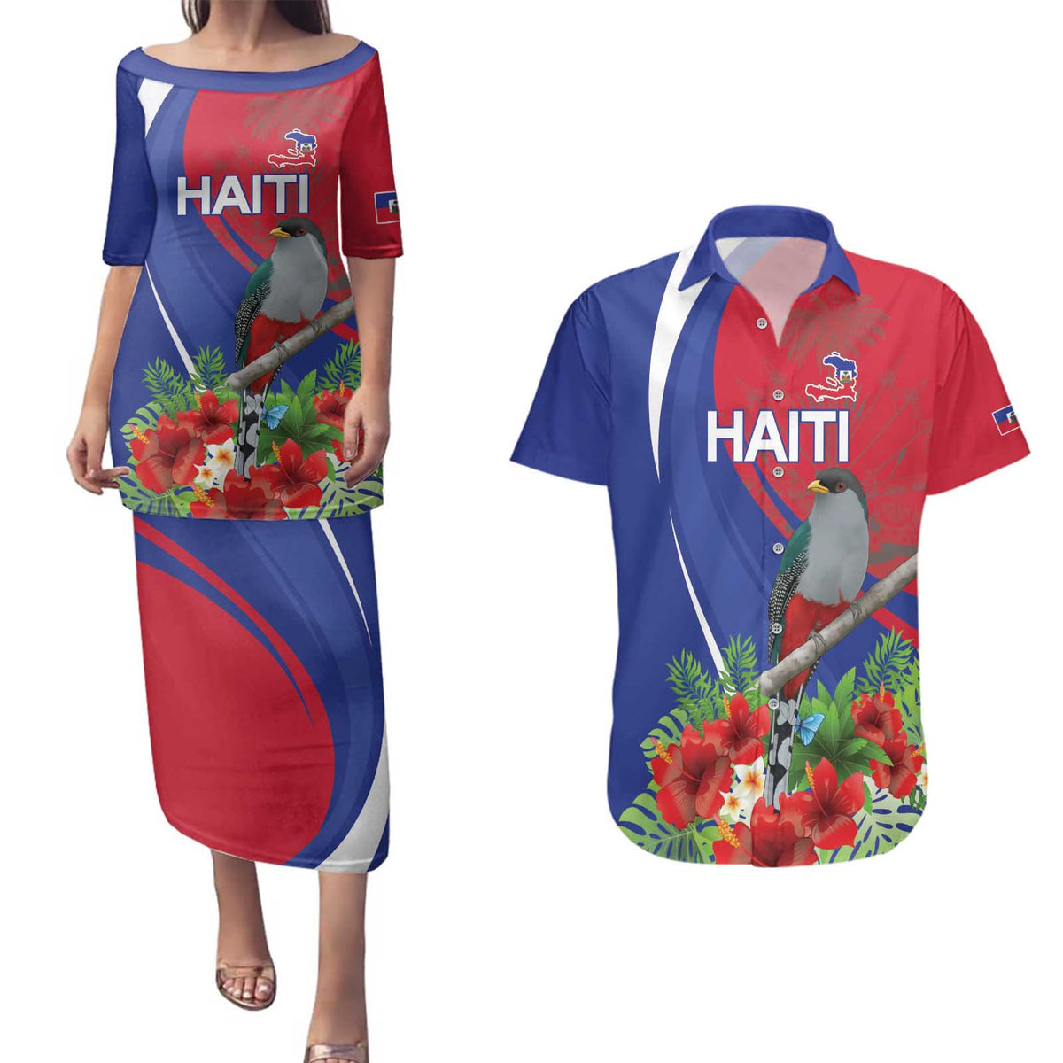 Personalized Hispaniolan Trogon Haiti Couples Matching Puletasi and Hawaiian Shirt Sporty Style - Wonder Print Shop