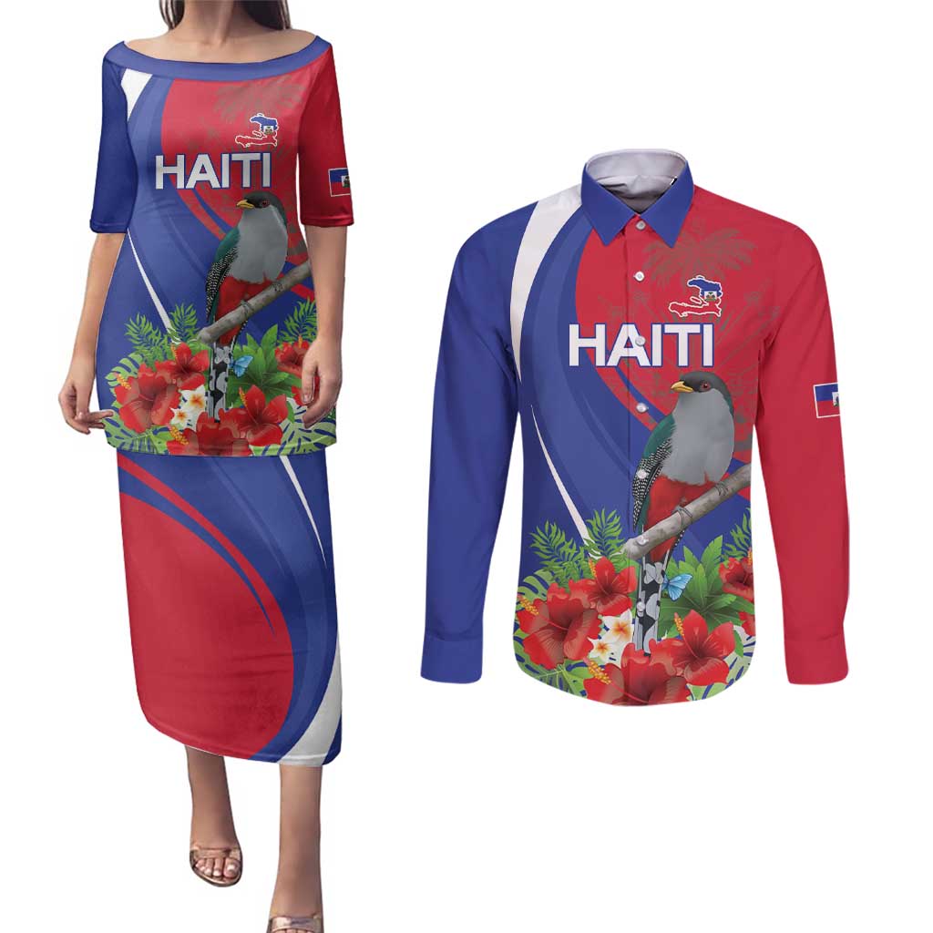 Personalized Hispaniolan Trogon Haiti Couples Matching Puletasi and Long Sleeve Button Shirt Sporty Style - Wonder Print Shop