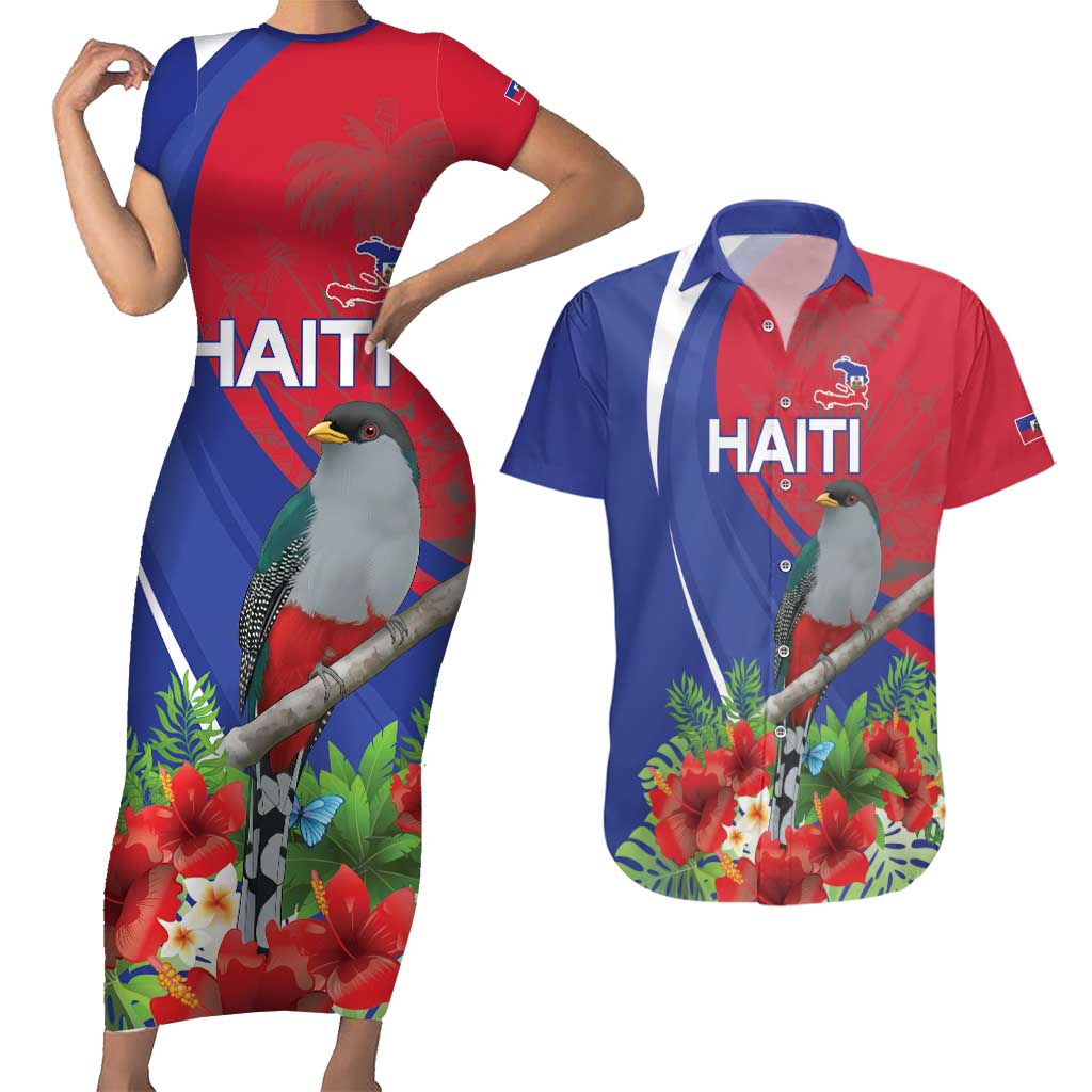 Personalized Hispaniolan Trogon Haiti Couples Matching Short Sleeve Bodycon Dress and Hawaiian Shirt Sporty Style - Wonder Print Shop