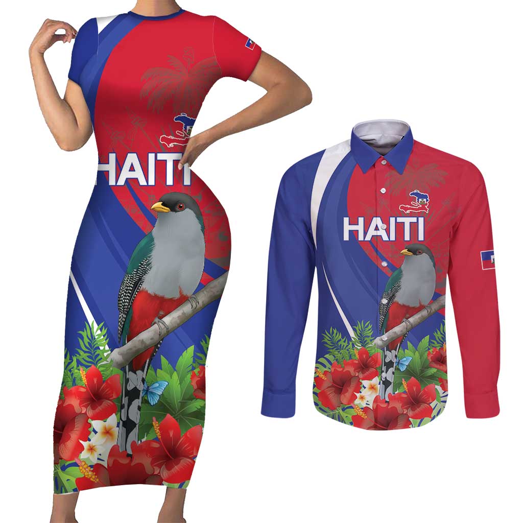 Personalized Hispaniolan Trogon Haiti Couples Matching Short Sleeve Bodycon Dress and Long Sleeve Button Shirt Sporty Style - Wonder Print Shop