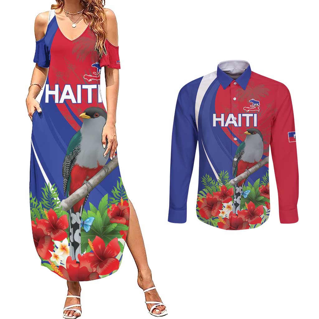 Personalized Hispaniolan Trogon Haiti Couples Matching Summer Maxi Dress and Long Sleeve Button Shirt Sporty Style - Wonder Print Shop