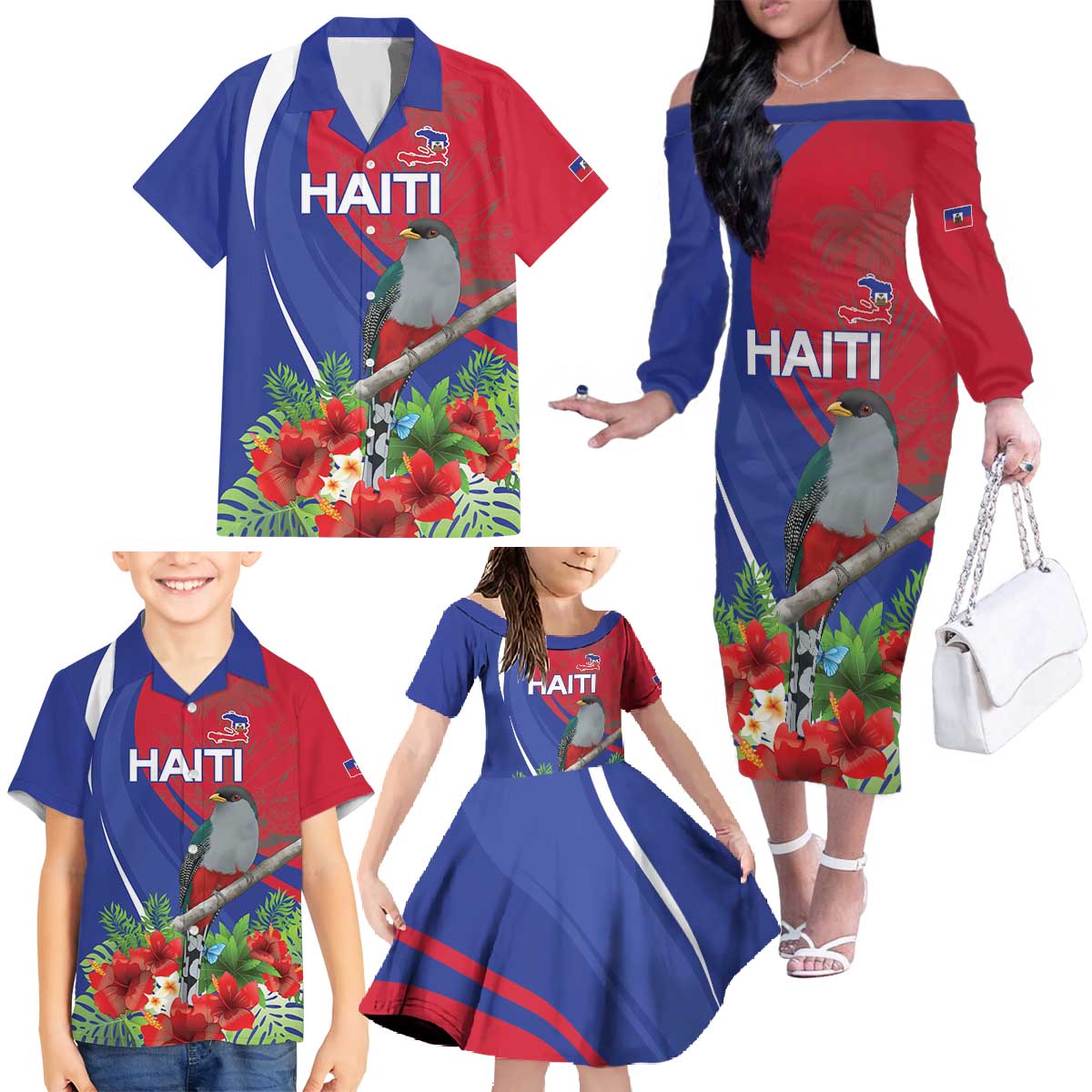 Personalized Hispaniolan Trogon Haiti Family Matching Off The Shoulder Long Sleeve Dress and Hawaiian Shirt Sporty Style - Wonder Print Shop