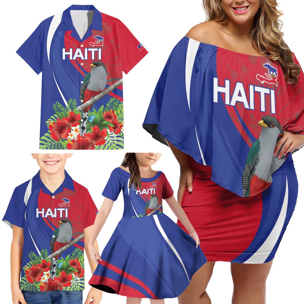 Personalized Hispaniolan Trogon Haiti Family Matching Off Shoulder Short Dress and Hawaiian Shirt Sporty Style - Wonder Print Shop