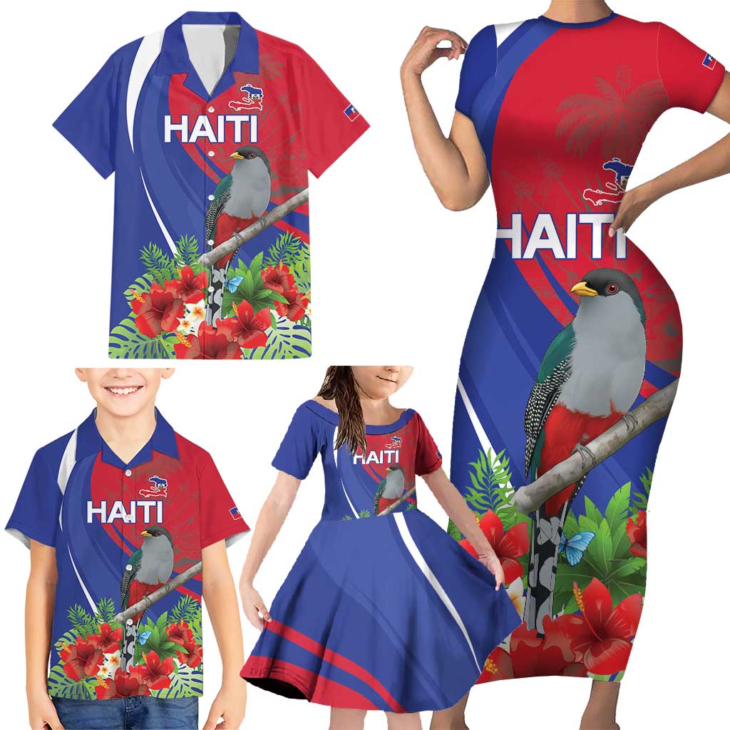 Personalized Hispaniolan Trogon Haiti Family Matching Short Sleeve Bodycon Dress and Hawaiian Shirt Sporty Style - Wonder Print Shop