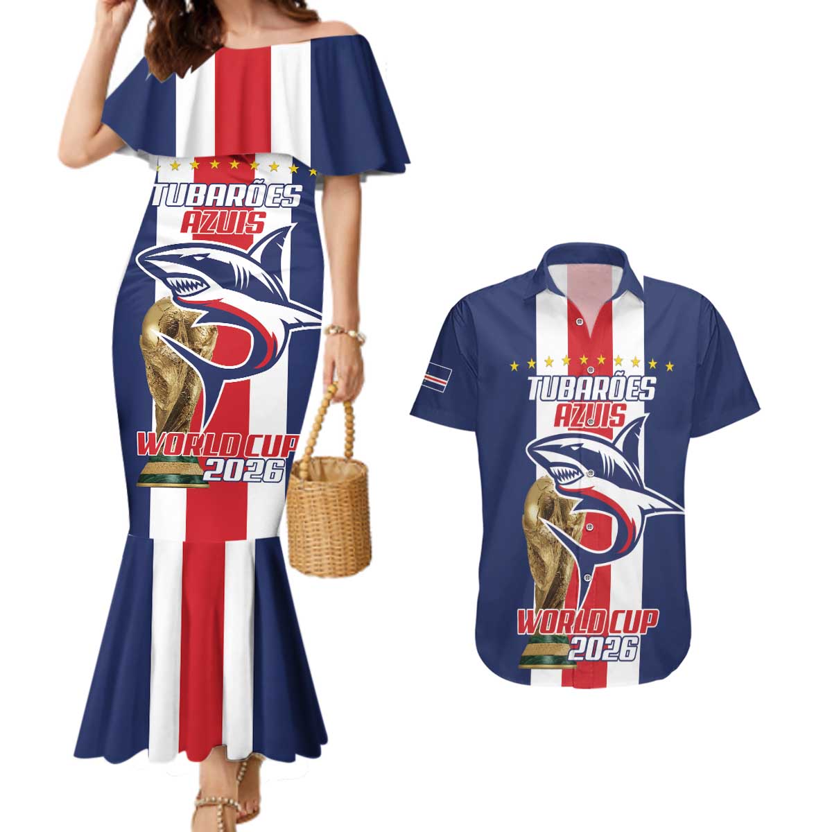 Cape Verde Football Couples Matching Mermaid Dress and Hawaiian Shirt Tubaroes Azuis World Cup 2026 - Wonder Print Shop