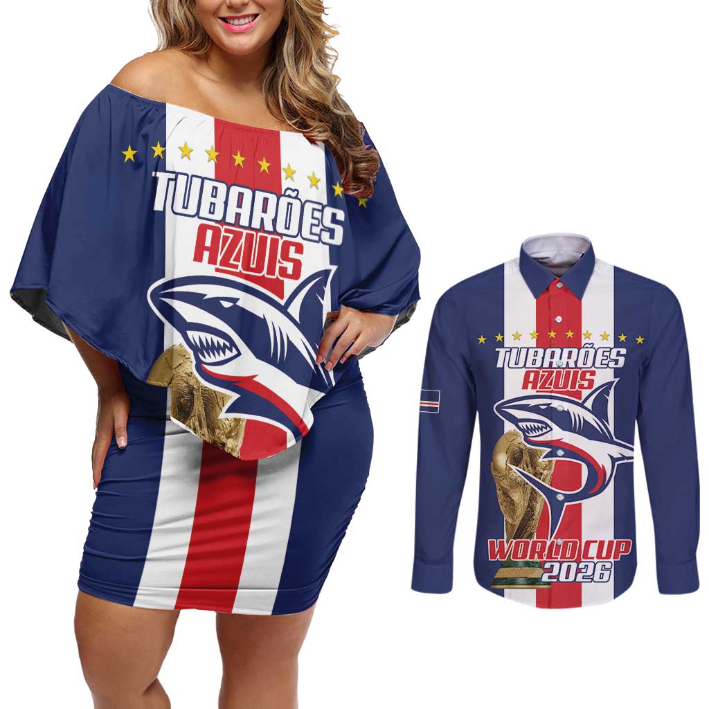 Cape Verde Football Couples Matching Off Shoulder Short Dress and Long Sleeve Button Shirt Tubaroes Azuis World Cup 2026 - Wonder Print Shop