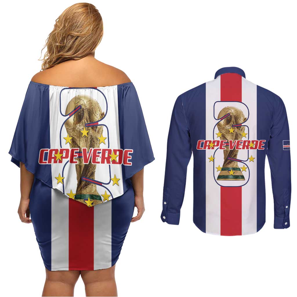 Cape Verde Football Couples Matching Off Shoulder Short Dress and Long Sleeve Button Shirt Tubaroes Azuis World Cup 2026 - Wonder Print Shop