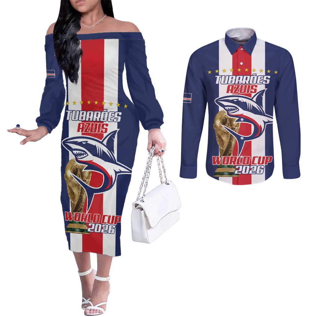 Cape Verde Football Couples Matching Off The Shoulder Long Sleeve Dress and Long Sleeve Button Shirt Tubaroes Azuis World Cup 2026 - Wonder Print Shop