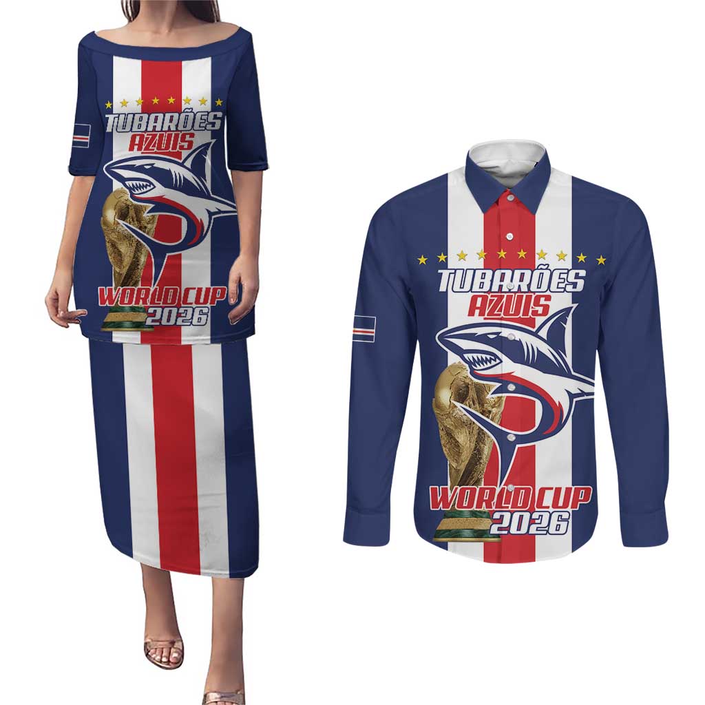 Cape Verde Football Couples Matching Puletasi and Long Sleeve Button Shirt Tubaroes Azuis World Cup 2026 - Wonder Print Shop