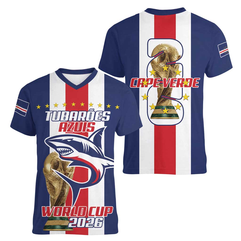 Cape Verde Football Women V-Neck T-Shirt Tubaroes Azuis World Cup 2026 - Wonder Print Shop