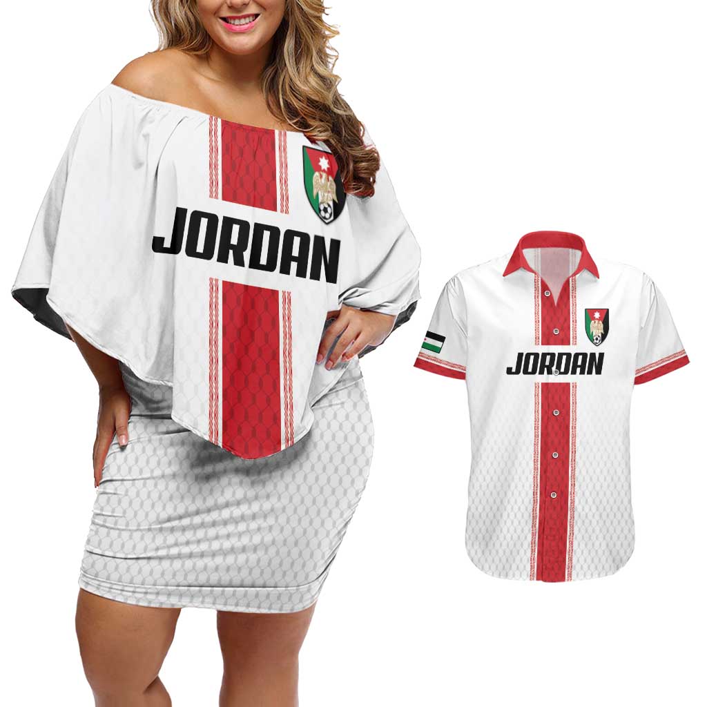 Custom Jordan Heritage Football Couples Matching Off Shoulder Short Dress and Hawaiian Shirt Al Nashama Sporty Style - Wonder Print Shop