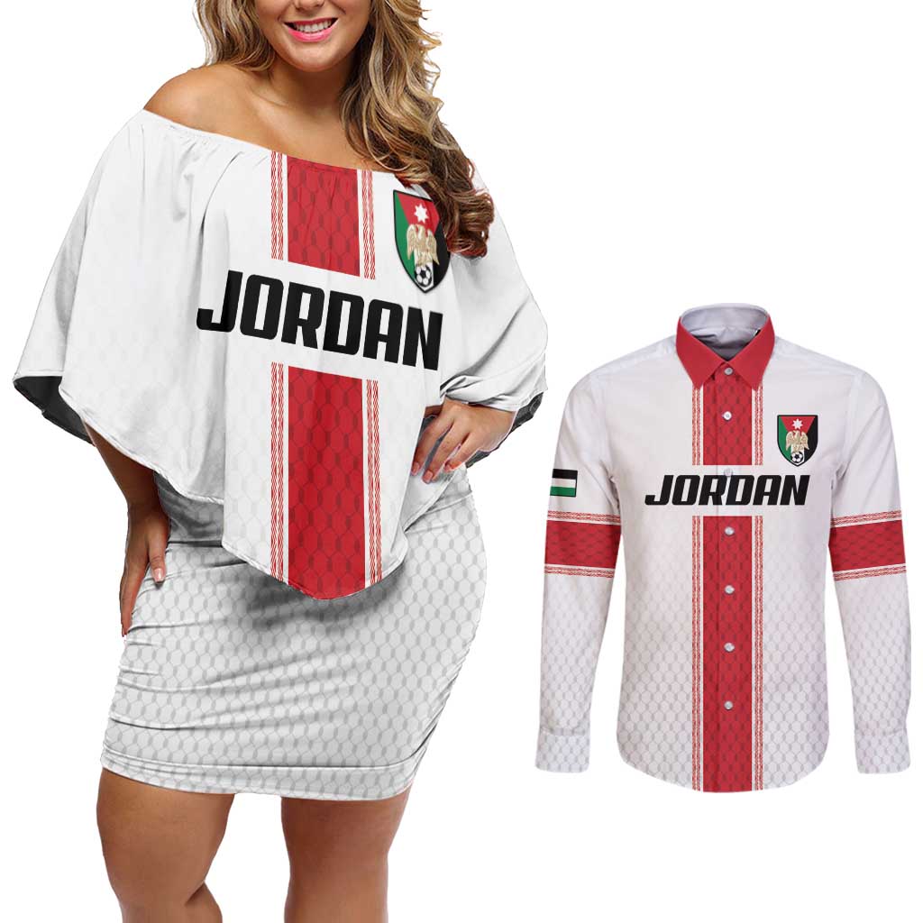 Custom Jordan Heritage Football Couples Matching Off Shoulder Short Dress and Long Sleeve Button Shirt Al Nashama Sporty Style - Wonder Print Shop