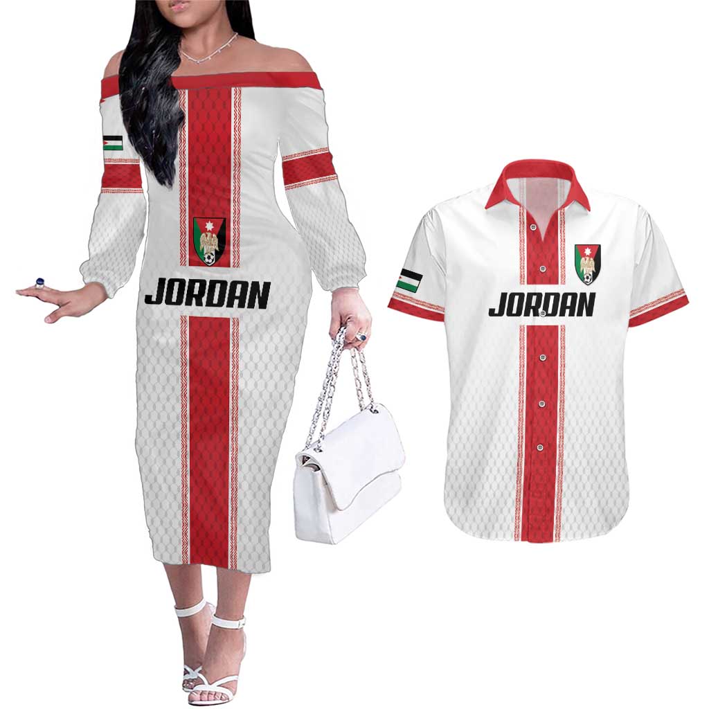 Custom Jordan Heritage Football Couples Matching Off The Shoulder Long Sleeve Dress and Hawaiian Shirt Al Nashama Sporty Style - Wonder Print Shop