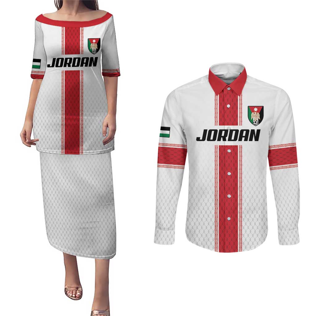 Custom Jordan Heritage Football Couples Matching Puletasi and Long Sleeve Button Shirt Al Nashama Sporty Style - Wonder Print Shop