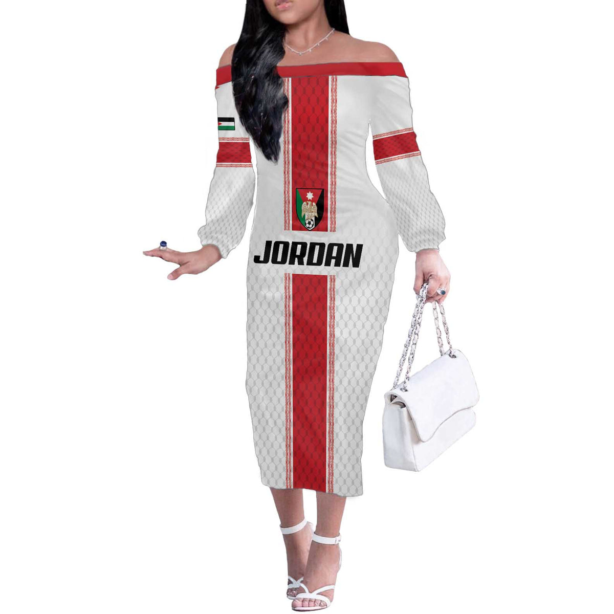 Custom Jordan Heritage Football Off The Shoulder Long Sleeve Dress Al Nashama Sporty Style - Wonder Print Shop