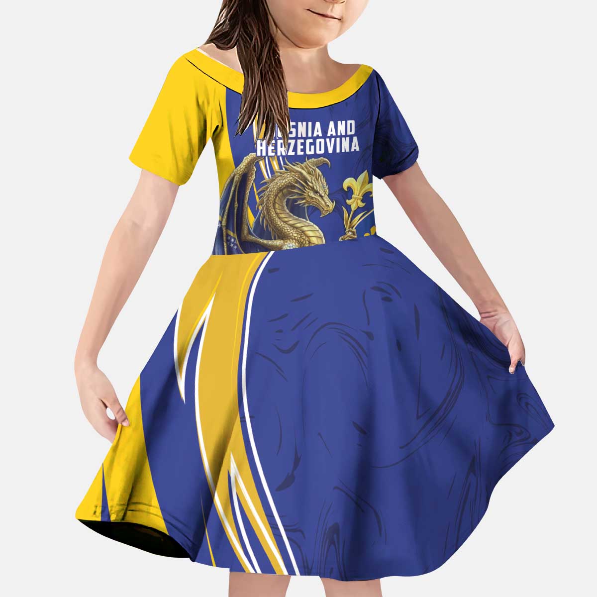 Bosnia and Herzegovina Independence Day Personalized Kid Short Sleeve Dress Medieval Dragon Fleur-de-Lis Patriotic