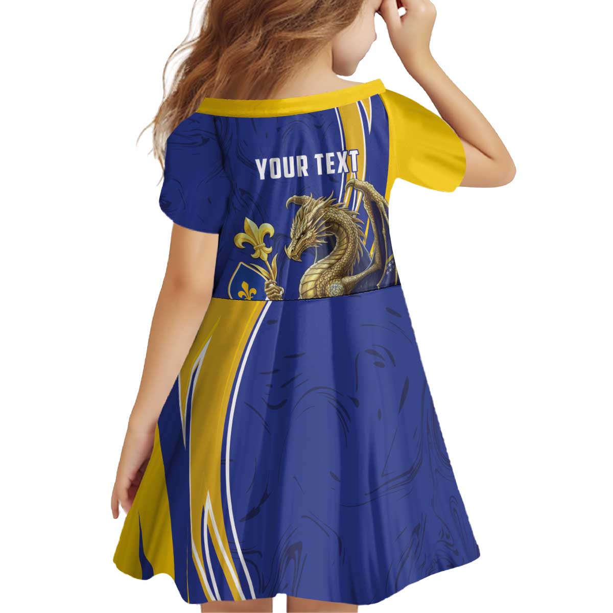 Bosnia and Herzegovina Independence Day Personalized Kid Short Sleeve Dress Medieval Dragon Fleur-de-Lis Patriotic
