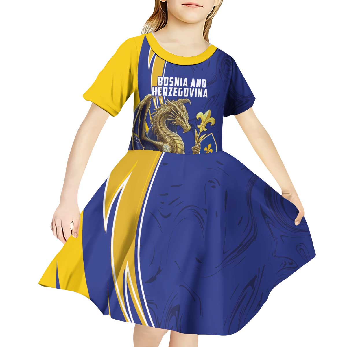 Bosnia and Herzegovina Independence Day Personalized Kid Short Sleeve Dress Medieval Dragon Fleur-de-Lis Patriotic