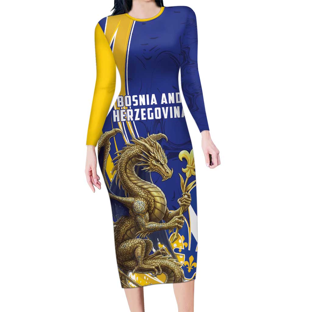 Bosnia and Herzegovina Independence Day Personalized Long Sleeve Bodycon Dress Medieval Dragon Fleur-de-Lis Patriotic