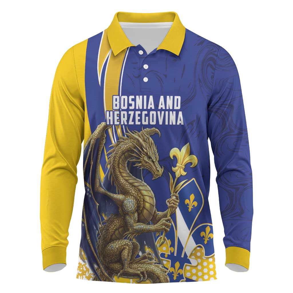 Bosnia and Herzegovina Independence Day Personalized Long Sleeve Polo Shirt Medieval Dragon Fleur-de-Lis Patriotic