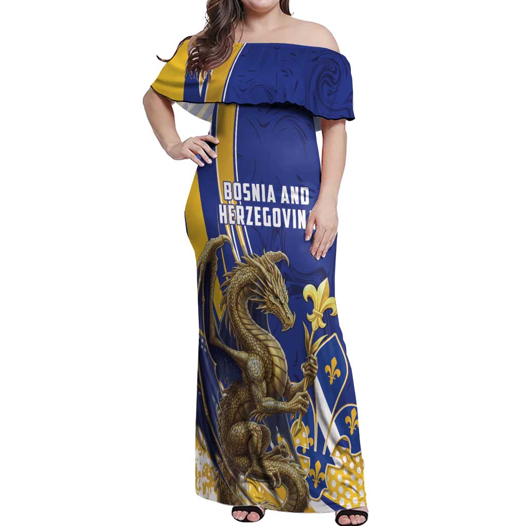 Bosnia and Herzegovina Independence Day Personalized Off Shoulder Maxi Dress Medieval Dragon Fleur-de-Lis Patriotic