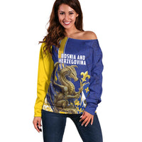 Bosnia and Herzegovina Independence Day Personalized Off Shoulder Sweater Medieval Dragon Fleur-de-Lis Patriotic