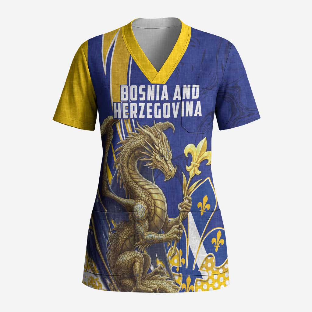 Bosnia and Herzegovina Independence Day Personalized Scrub Top Medieval Dragon Fleur-de-Lis Patriotic